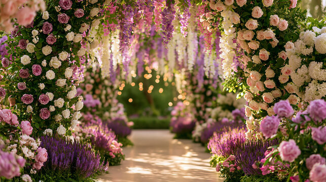 Dreamlike Floral Archway Garden Path With Pink Roses And Sunlight