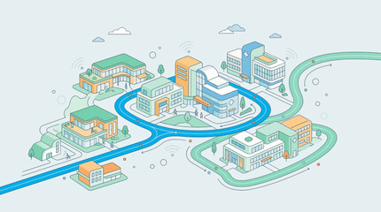 Fototapeta premium Connected City Buildings with Network Lines, Isometric Illustration