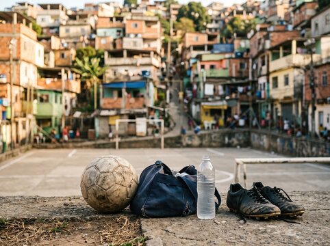 Soccer gear on favela football pitch