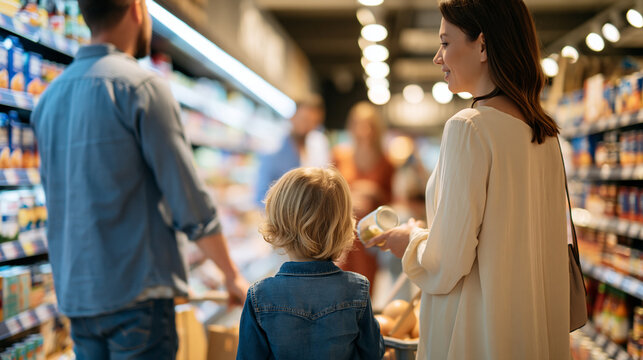 rear view of a family shopping together in a bright supermarket, backs to camera, family lifestyle concept, togetherness, shopping, retail, bright, with copy space