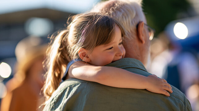 rear view of a little girl hugging her grandpa during a walk in a bright summer outdoor setting, back to camera, friendly family concept, intergenerational, warmth, togetherness,