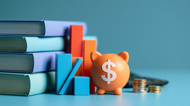 school planning and finance concept with books and budgeting symbols on a bright background, education investment, money saving, back to school, study, graduation, bright, with