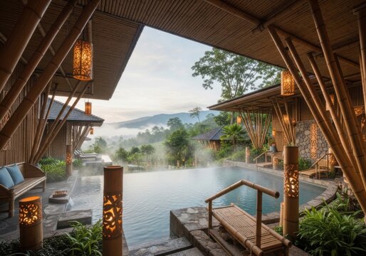 Relaxing bamboo pool and spa with misty mountains background
