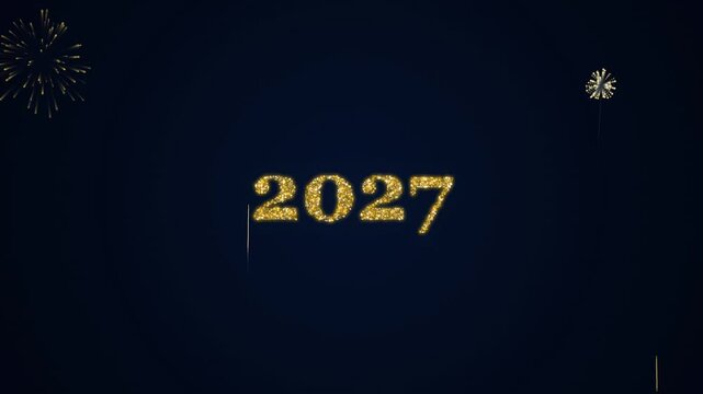New Year 2027 celebration animation with golden glitter text and festive fireworks on dark blue background.