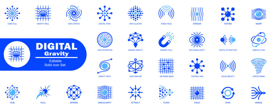 Digital gravity physics force attractor singularity magnetic field wave particle interaction and energy scientific editable stroke. vector illustration