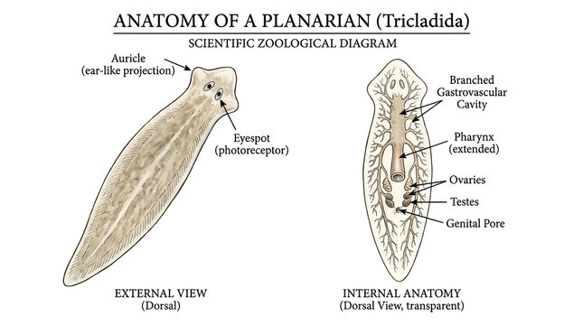 Anatomy of a planarian scientific zoological diagram showing internal and external