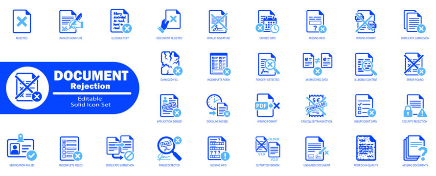 Document rejection and cancellation icon set failed verification symbols editable stroke. vector illustration