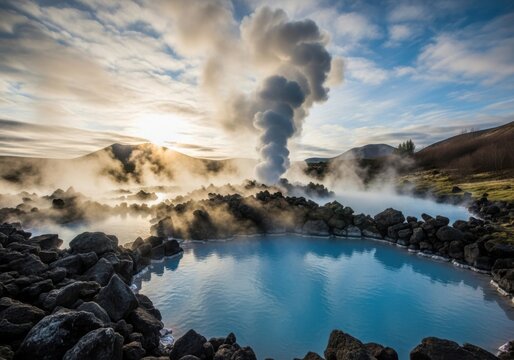 Geothermal blue hot spring, steam vent, rugged landscape.