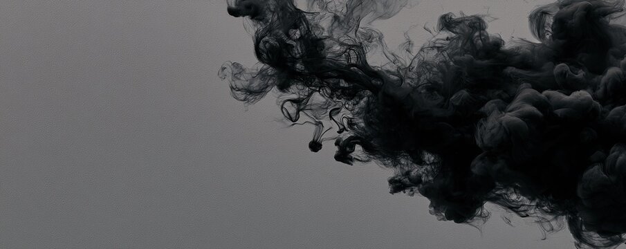 Dark ink cloud swirls into a grey background, creating an abstract, ethereal effect