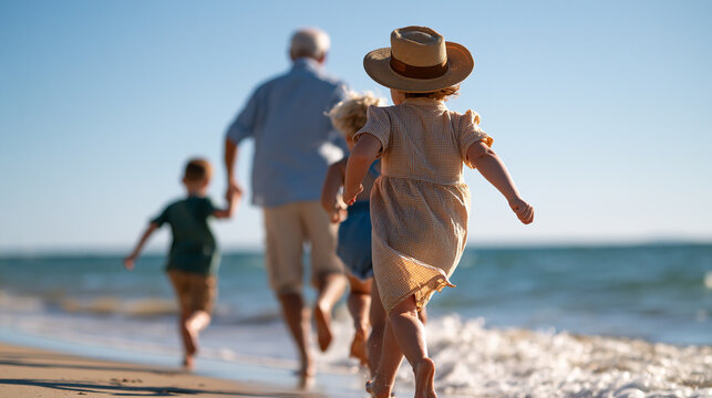 rear view of grandparents running along a bright beach with their grandchildren during a summer vacation, backs to camera, family bonding concept, intergenerational, coastal,