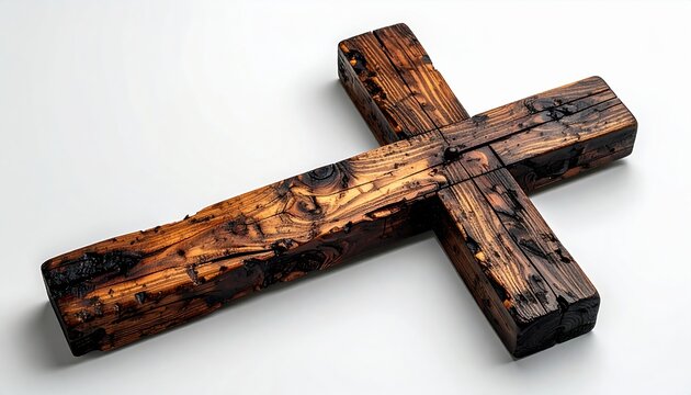 Rustic wooden cross isolated on a neutral white background, traditional handcrafted wood object, clean product photography