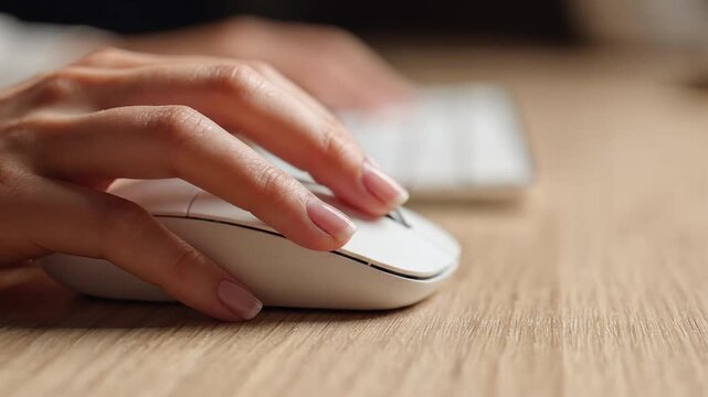 Close up of hand clicking white computer mouse