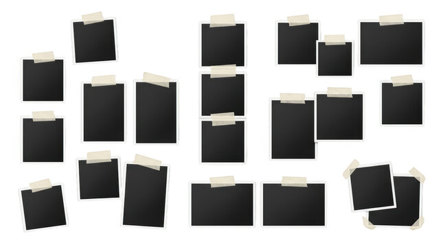 Set of blank photo frames with adhesive tape isolated on transparent background