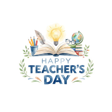 Happy Teachers Day creative design with an open book, radiant lightbulb, and elegant floral vines isolated on white.