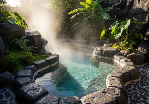 Steaming hot spring pool surrounded by lush tropical nature