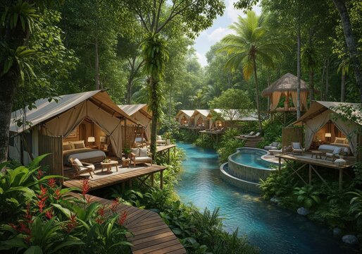 Luxury glamping resort in tropical jungle with river and pool