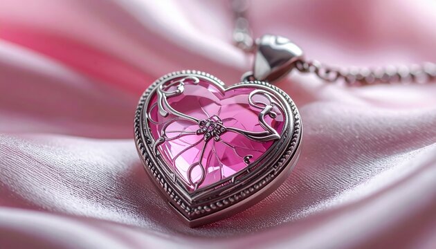 Silver heart-shaped locket opened to reveal elegant pink decorative inserts, romantic jewelry concept