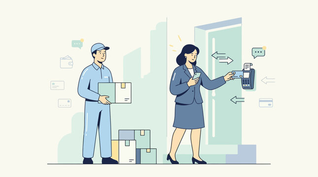Delivery man holding package, woman paying contactless with phone