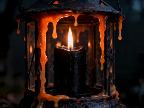 Gothic Halloween Lantern with Glowing Candle Flame and Dripping Orange Wax