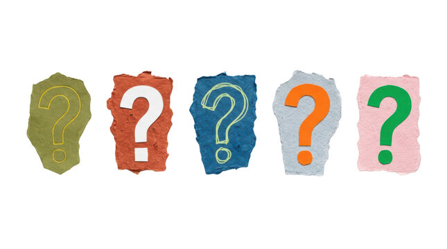 Five colorful torn paper scraps with question marks isolated on transparent background