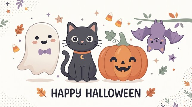 A delightful collection of adorable Halloween characters featuring a friendly ghost wearing a witch hat, a cheerful carved pumpkin, a cute black cat, a whimsical flying bat, and a smiling crescent moo