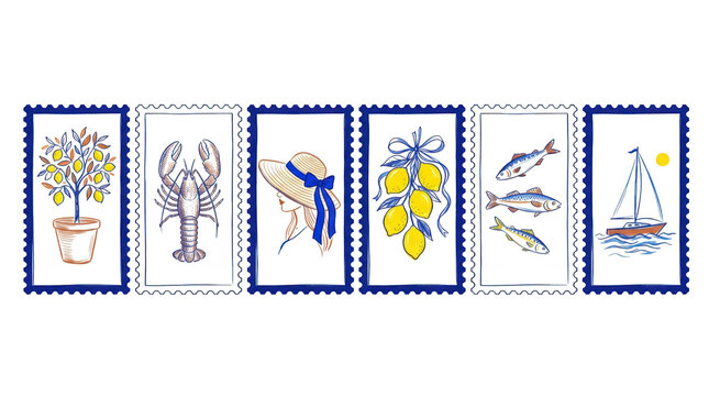 A set of six italian summerthemed postage stamps isolated on transparent background