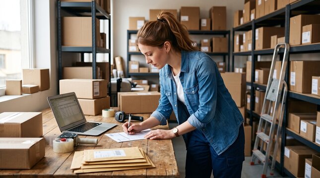 Small business owner managing inventory and orders in a warehouse