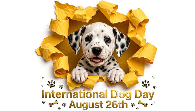 Cute Dalmatian Puppy Peeking Out From Torn Yellow Paper Hole Graphic Asset For International Dog Day Celebrations August 26th Banner Template Greeting Card Design Background Stock Photo