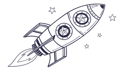 Fototapeta premium Retro space rocket flying through stars outline illustration vector graphic