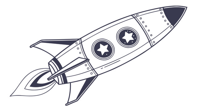 Vintage starship launching with fire exhaust line art vector illustration