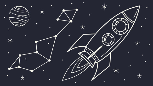 Spaceship launching into deep space constellation and planet vector design