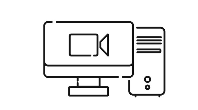 Desktop computer tower and monitor with video-camera symbol on screen icon. Black line art style on white background.
