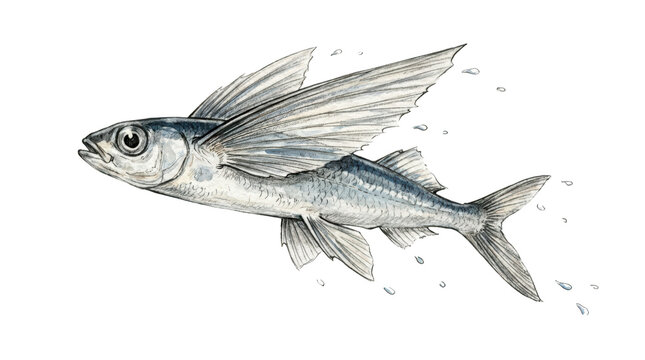 A detailed watercolor illustration of a flying fish isolated on transparent background