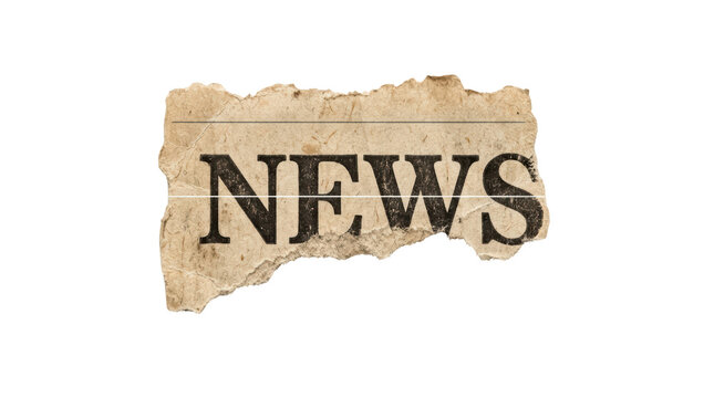 A torn piece of vintage newspaper with the word news printed on it isolated on transparent background