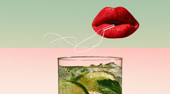 Red lips exhale smoke towards a refreshing mint lime beverage