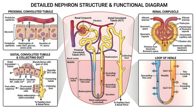 Detailed nephron structure and functional kidney anatomy medical diagram with loop of henl