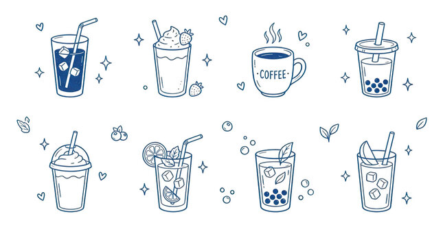 Set of handdrawn doodle drinks and beverages isolated on transparent background