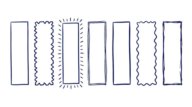 Set of seven handdrawn rectangular frames with various decorative borders isolated on transparent background