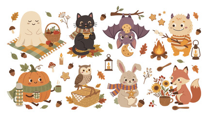 Obraz premium Cute Cozy Autumn Halloween Clipart Vector Set with Ghost Black Cat Bat Owl Rabbit Fox and Monster Picnic Elements for Seasonal Greeting Card Designs