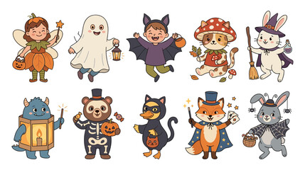 Fototapeta premium Cute Halloween Kids and Animals in Costumes Clipart Vector Set with Witch Ghost Vampire Skeleton Fox Cat and Rabbit for Trick or Treat Holiday Designs