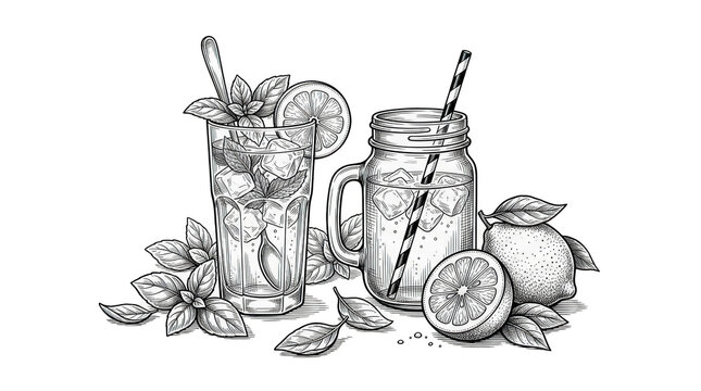 Handdrawn illustration of refreshing lemonade drinks isolated on transparent background