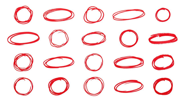 Set of handdrawn red circles and ovals isolated on transparent background