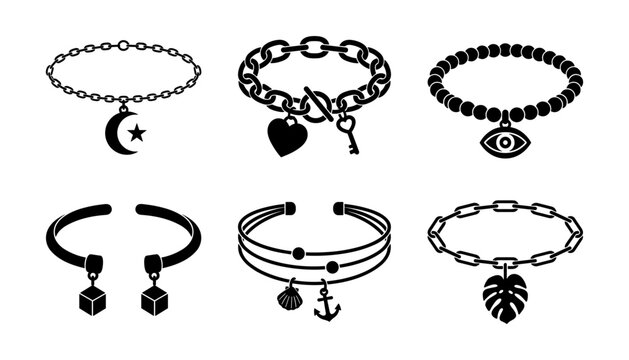 Trendy Fashion Bracelet and Charm Jewelry Silhouette Icon Set Featuring Crescent Moon Evil Eye Heart Key Monstera Leaf and Anchor Pendants