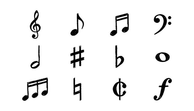 Hand Drawn Musical Notation Vector Icon Set Featuring Textured Sketches of Treble Bass Clefs Notes and Dynamic Audio Symbols