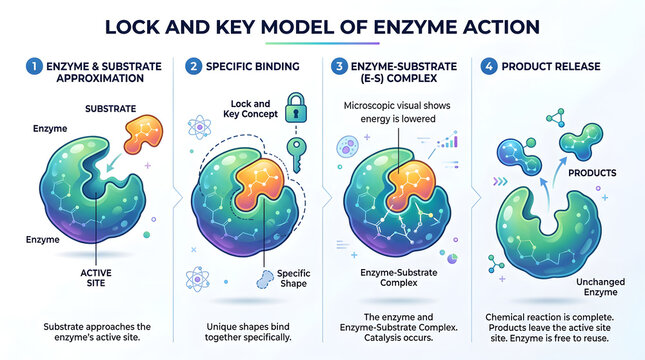 Lock and key model of enzyme action illustrating substrate binding and product release
