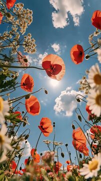 Red poppies and white daisies blooming in a colorful summer wildflower meadow, beautiful natural floral landscape with vibrant flowers swaying outdoors