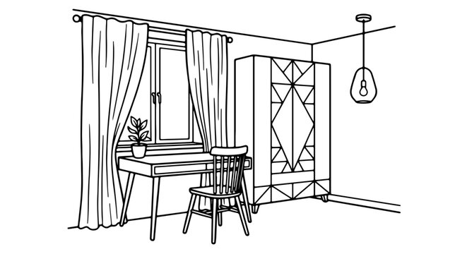 Minimal Scandinavian bedroom interior doodle vector, study table with simple chair, geometric wardrobe cabinet, hanging ceiling lamp, soft window curtains, clean black