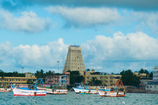 Ramanathaswamy temple and Rameswaram Beach view from Arabian sea, India