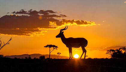 Naklejka premium Stunning silhouette of an African antelope standing against a vibrant sunset sky in the savannah