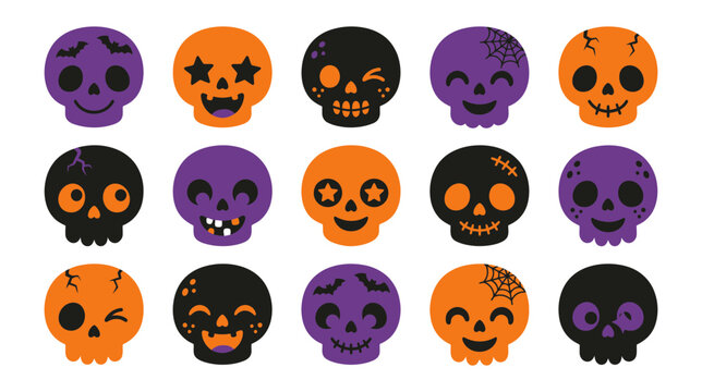 Set of cute and funny halloween skulls in purple orange and black colors with bats and spider webs vector illustration halloween collection skeleton celebration
